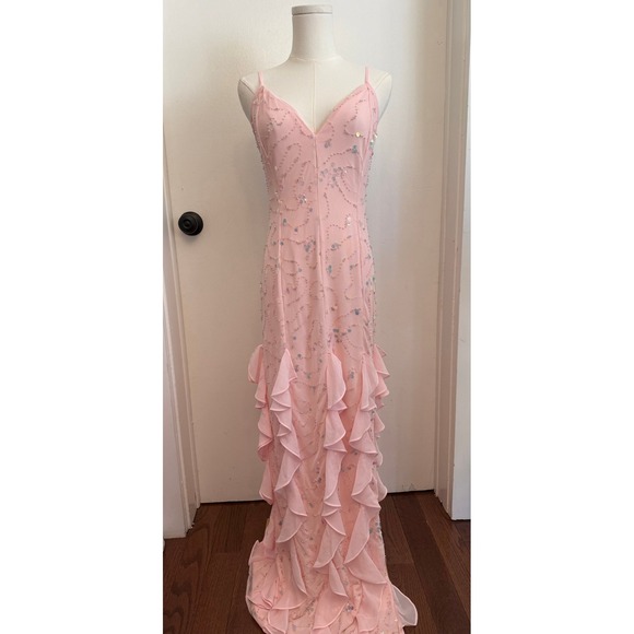 bebe Dresses & Skirts - Bebe Cascade Beaded Mesh Gown Blush Pink Sequin Ruffle Formal Dress BEBE1324 S
